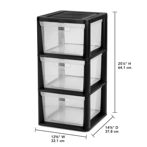 Three Drawer Storage Tower With Removable Clear Plastic Bins No Tools Needed Easy Setup Space Saver For Home Office Craft Room And Garage Transparent Drawers For Quick Item Lookup And Organized Chaos Control. Front view with dimensions and three transparent drawers.