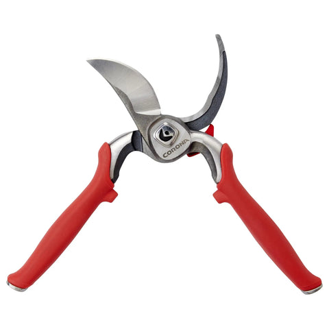 DualCUT Forged Steel Bypass Hand Pruner With 1 Inch Cutting Capacity, steel blades, red ergonomic handles, angled view