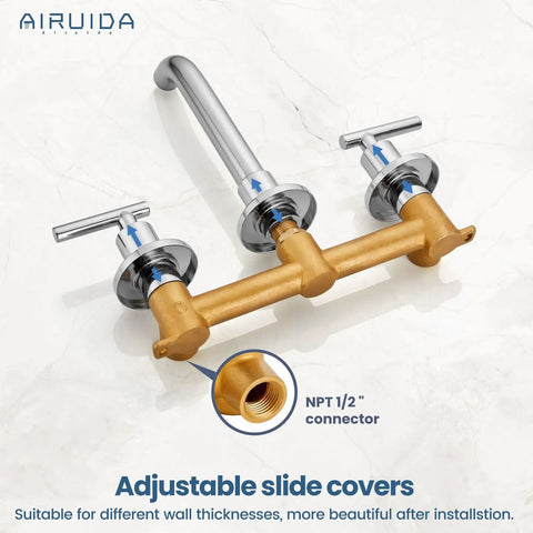 Wall Mounted Widespread Bathroom Sink Faucet With 2 Levers And A 360 Swivel Spout 3 Holes Chrome Finish Solid Brass Construction