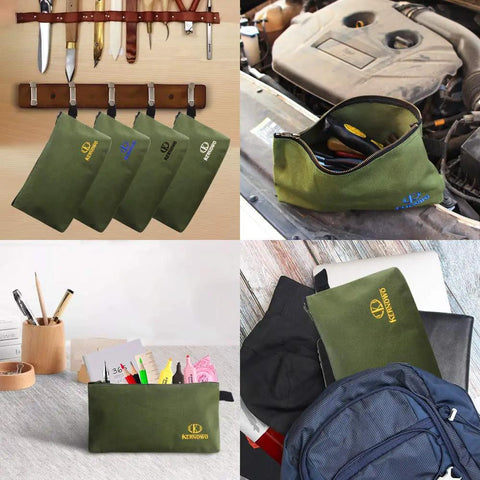 Four Pack Heavy Duty Canvas Tool Pouches with Brass Zippers Water Resistant Twenty Ounce Army Green Flat Bottom Tool Bags