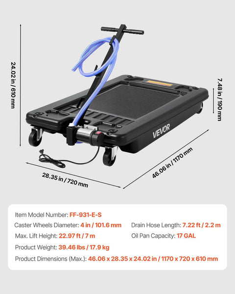 Low Profile Oil Drain Pan 17 Gallon Tank With Electric Pump And Flex Hose For Trucks Atvs Leak Proof Fluid Extractor, 24.02 in tall.