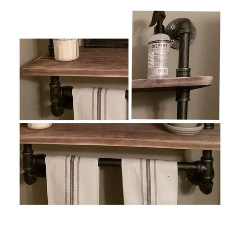 Industrial Pipe Shelf With Towel Bar Rustic Wall Mount 2 Tier Wood Shelves For Bathroom Or Outdoor 24 Inch Long Iron Pipe Storage Rack Vintage Charm Heavy Duty Easy Mounting