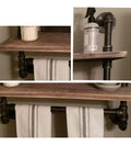 Industrial Pipe Shelves Rustic Wall Shelf With Towel Bar 24 Inch 3 Tier Wood And Iron Pipe Rack close-up view in bathroom setting