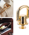 4 Pack D Rings For Purses And Bags 360 Degree Rotatable Hardware with Stud Screws shown on leather handbag and alone