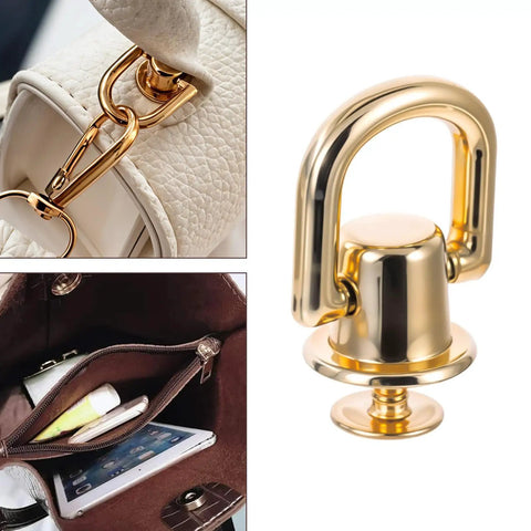 4 Pack D Rings For Purses And Bags 360 Degree Rotatable Hardware with Stud Screws shown on leather handbag and alone