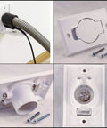 Central vacuum inlet with white round-door wall plate; hose connection, mounting screws, and inner connector.