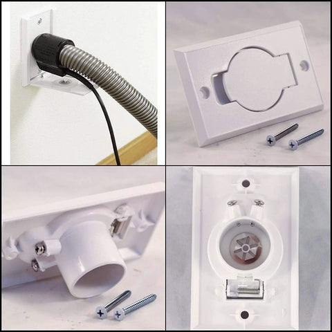 Central vacuum inlet with white round-door wall plate; hose connection, mounting screws, and inner connector.