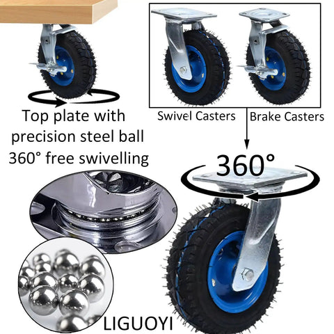Heavy Duty Rubber Caster Wheels 6 8 10 Inch Pneumatic Swivel Casters With Brakes Steel Ball Bearing Tires close-up of 360-degree swivel mechanism.