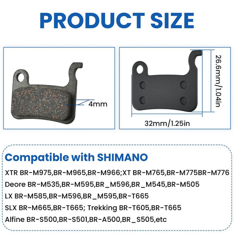 Diagram showing product size for 4 Pairs Bike Disc Brake Pads With Installation Toolkit, 4mm thickness, compatible with Shimano series.