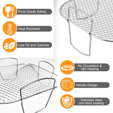 Premium Steel Air Fryer Basket Set With Nonstick Mesh For Even 360 Degree Heat Circulation showing stainless steel mesh design
