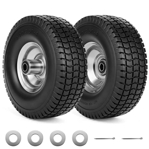 2-Pack 4.10 By 3.50 4 Flat Free Tire And Wheel Set For 10 Inch Hand Trucks Dollies Garden Carts Wagons Five Eighths Inch Bore
