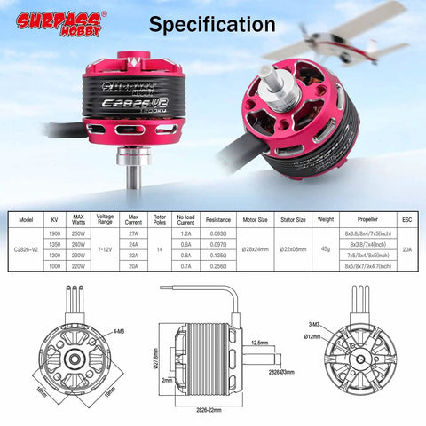 C2826 1200KV Beefy Brushless Outrunner Motor with specifications for RC Multicopters and UAVs, 3mm Shaft, 16x19mm Mount