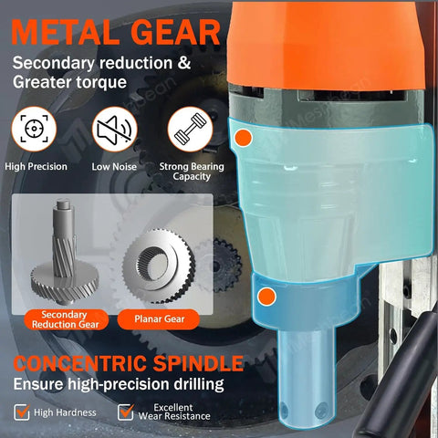 Metal gear and concentric spindle of Powerful 1550W Magnetic Drill Press With 3102 Lbf Holding Power For Core, Tapping And Drilling.