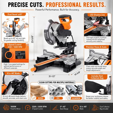 Straight Shooting 10 Inch Sliding Compound Miter Saw Featuring Quick Release Extension Shelf And Smooth 0 To 45 Dual Bevel Pivot For Frustration Free Cutting Through Wood Plastic Or Tile with LED guide and dual bevel.