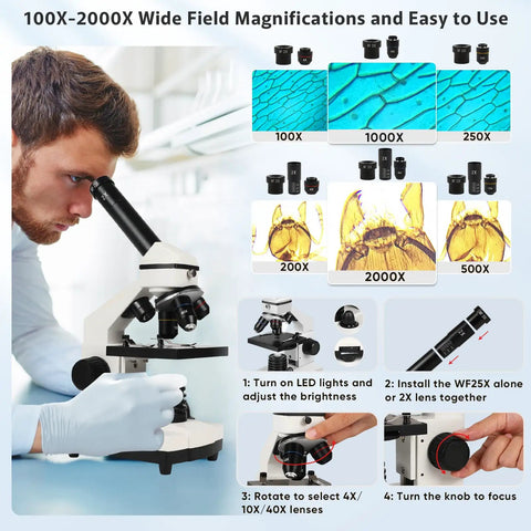 All In One Compound Microscope Kit For Kids And Adults 100X To 2000X With Dual LED 4X 10X 40X Objectives Microscope Features