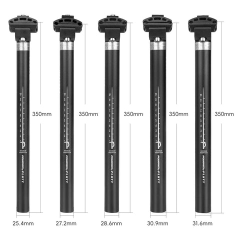 Beefy Aluminum Bike Seat Post in 25.4mm to 31.6mm diameters, 350mm length, black anodized finish, road and MTB ready