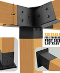 Beefed-Up Pergola Bracket Set For 4x4 Posts, 15 Degree Slanted Roof Wall Mount Extension Kit in metal with 3.5x3.5 inch opening.