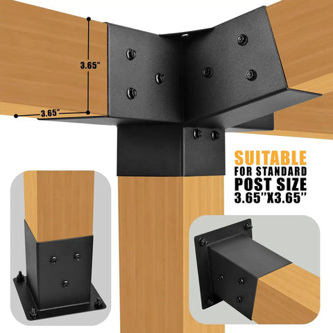Beefed-Up Pergola Bracket Set For 4x4 Posts, 15 Degree Slanted Roof Wall Mount Extension Kit in metal with 3.5x3.5 inch opening.