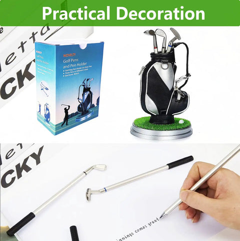 Funny Golf Pen Holder with Mini Green Base and Club Pens for Home Office Decor and Gift for Golf Lovers, shown with packaging.