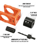 Pro Grade Door Lock Installation Kit With Adjustable Guide Template And Heavy Duty Hole Saws showing guide template and hole saws.