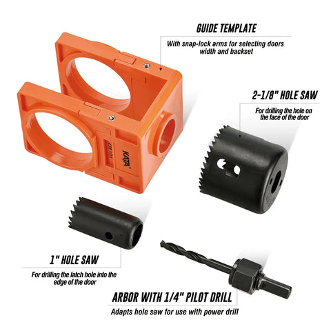 Pro Grade Door Lock Installation Kit With Adjustable Guide Template And Heavy Duty Hole Saws showing guide template and hole saws.