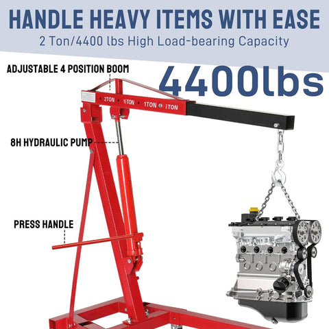 2 Ton Foldable Engine Hoist Cherry Picker For Auto Repair And Garage Work Heavy Duty Hydraulic Lift With Telescopic Boom 4400 Lb Capacity 6 Swivel Casters Portable Shop Crane lifting engine
