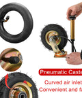 Rock Solid Five Pack Heavy Duty Industrial Caster Wheels With Silent Pneumatic Rubber Tires And Rust Resistant Steel Base Designed For Sweet Cart Glide Hella Smooth Operation showing pneumatic tire and inflating tool.
