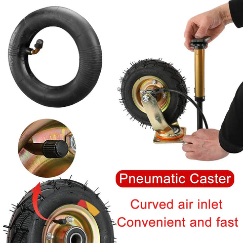 Rock Solid Five Pack Heavy Duty Industrial Caster Wheels With Silent Pneumatic Rubber Tires And Rust Resistant Steel Base Designed For Sweet Cart Glide Hella Smooth Operation showing pneumatic tire and inflating tool.