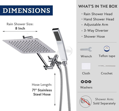 All Metal 8 Inch Dual Square Rain Shower Head With Handheld Spray, Chrome Finish, with 71 Inch Hose and Adjustable Arm