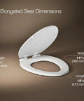 Stonewood Quiet Close Elongated Toilet Seat With Soft Close Lid showing dimensions and white finish on brown background