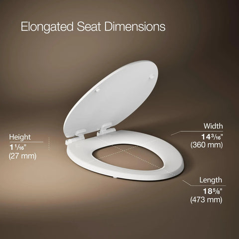 Stonewood Quiet Close Elongated Toilet Seat With Soft Close Lid showing dimensions and white finish on brown background