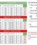 180 Degree Folding Door Hinge Kit For Small Spaces chart showing dimensions for door opening directions and widths