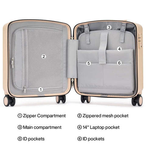 Open interior of Go To 16 Inch Underseat Carry On Luggage With Hard Shell And Spinner Wheels Airline Approved 29L Lightweight Travel Case.