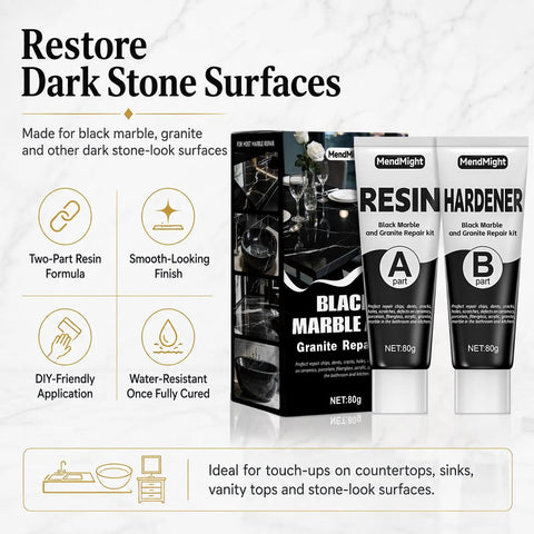 Black Marble and Granite Repair Kit two-part resin and hardener tubes for countertop restoration