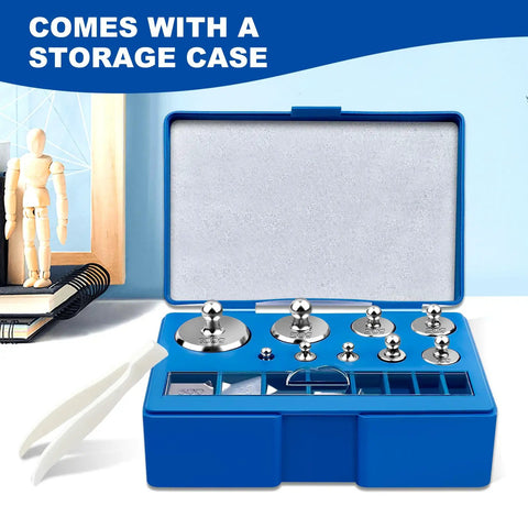 Precision Calibration Weights Kit For Digital Scales With Tweezers 17 Piece Set, 10mg to 100g, stainless steel, open case view