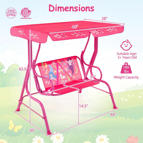 Two Seat Kids Porch Swing With Adjustable Canopy And Safety Belts Outdoor Lounge Chair On Metal Stand Two Seater Hanging Swing Bench For Backyard Patio Lawn Garden Mermaid Pink Fun