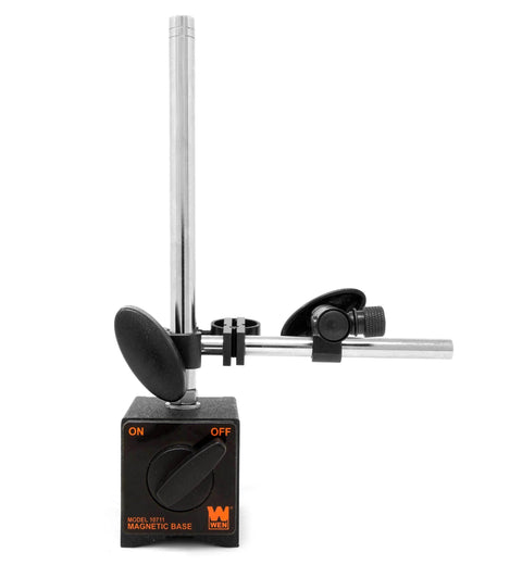 Front view of WEN 10711 industrial-strength magnetic base for dial indicators with vertical rod and adjustable arm.
