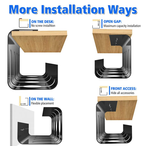 Image of No Drill Desk Cable Tray Set, 2 Pack 15.7 Inch Steel Wire And Cord Organizer, showing various installation methods.