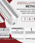 Installation methods for Indoor Mushroom Grow Tent Kit With T8 Full Spectrum Light showing cable ties, straps, and hanging clips.