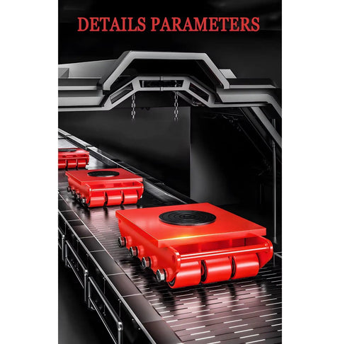 Heavy Duty Machinery Skates 4 Piece Set With A Huge 88000 Lb Capacity And 360 Degree Steel Frame, red dollies on conveyor.