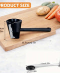 Spiral vegetable cutter set with black handle and stainless steel blades on a cutting board; 15.5 cm long.