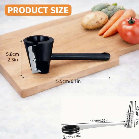 Spiral vegetable cutter set with black handle and stainless steel blades on a cutting board; 15.5 cm long.