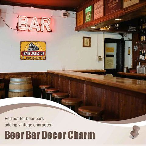 Steam Locomotive Metal Sign 8x12 Inches Aluminum Wall Decor in vintage bar setting with stools and neon lights