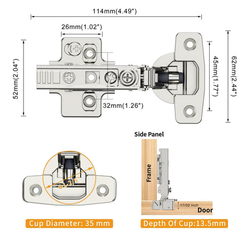 Front view of Chibery satin-nickel frameless concealed cabinet hinge with 35 mm cup diameter and soft-close.
