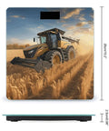 Harvest Inspired Digital Bathroom Scale With Tempered Glass Platform featuring farm tractor on wheat field, compact slim design