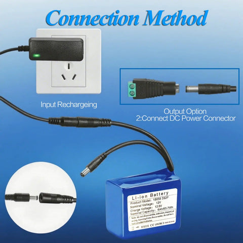 Connection method for 12V 6000mAh Rechargeable Lithium Ion Battery Pack With Charger For RC Cars Drones LED Lights CCTV Cameras