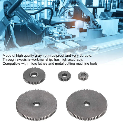 Top Tier 5 Piece Mini Lathe Gear Replacement Kit With T80 T45 T25 T20 Metric Sizes showing durable gray iron gears for metal cutting machines.