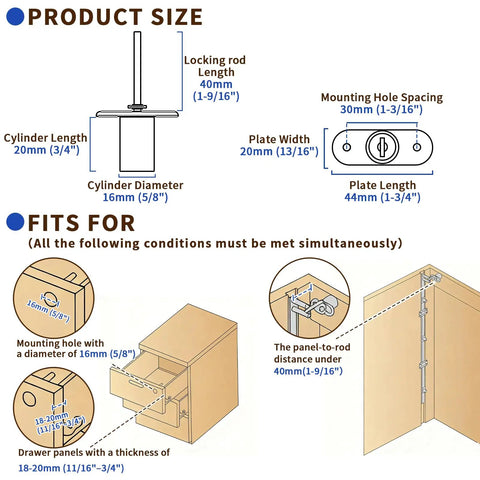 Diagram showing Two Pack Drawer Locks With Keys For Cabinets And File Cabinets Zinc Alloy Desk Locks, dimensions, and installation.
