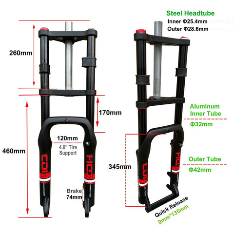 Air Suspension Front Fork For 20 Inch 4.0 Fat Tire Bikes And Ebikes 135mm Spacing One Eighth Inch Straight Tube Manual Lockout 9mm QR with measurements