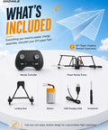 Remote Control Paper Airplane Kit With Gyro Stabilizer And Dual Propellers, components displayed including remote, battery, and tools.